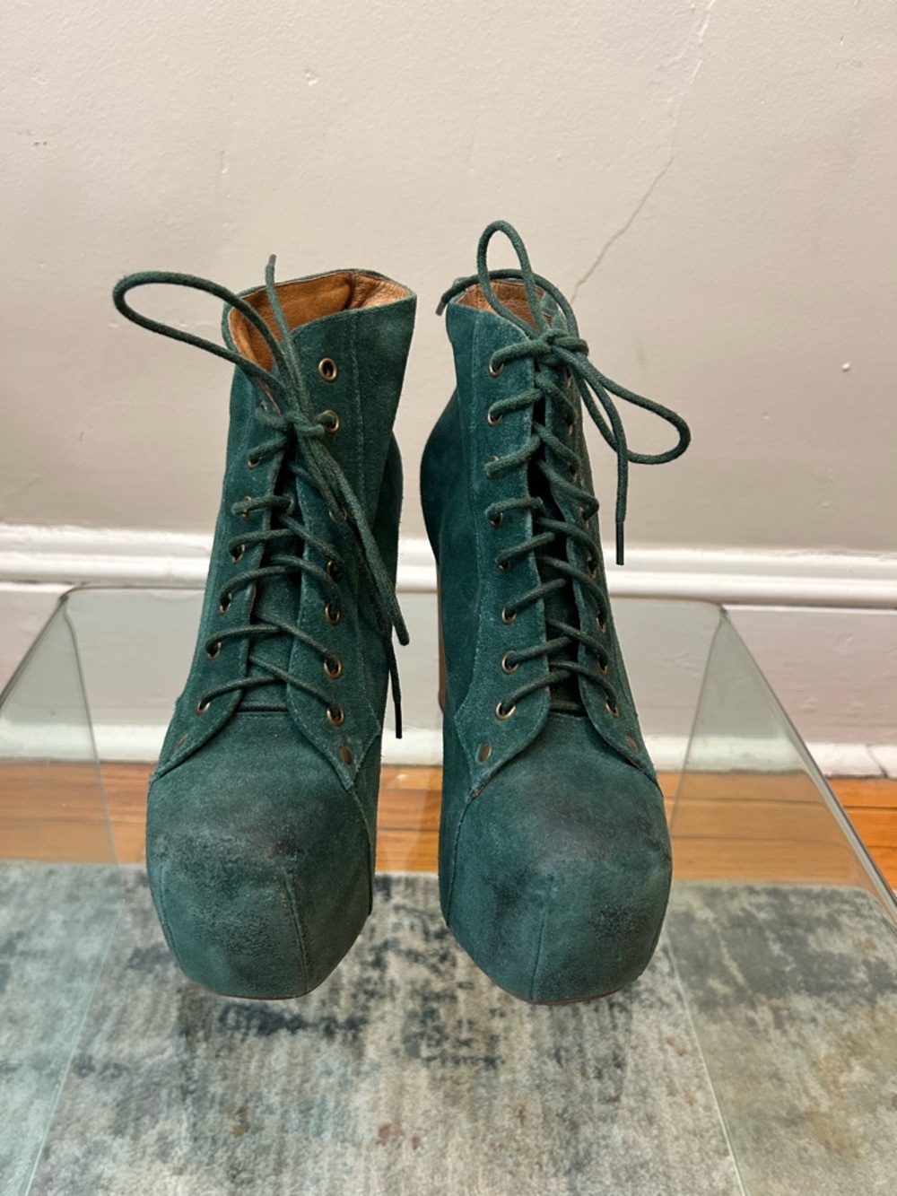 Jeffrey Campbell Green Suede Lace-Up Platform Ankle Boots